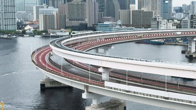 Yurikamome Train on Curved Elevated Track in Shibaura, Tokyo