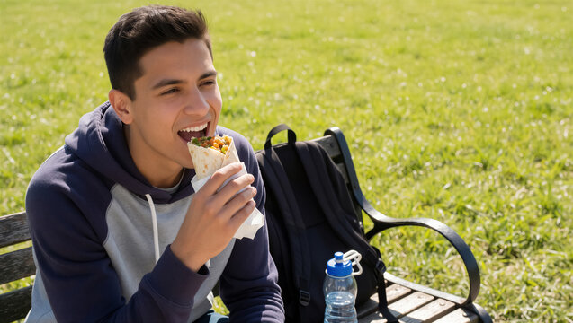 A happy young man sitting on a park bench and eating a delicious burrito. He enjoys a healthy lunch outdoors on a sunny day with his backpack nearby