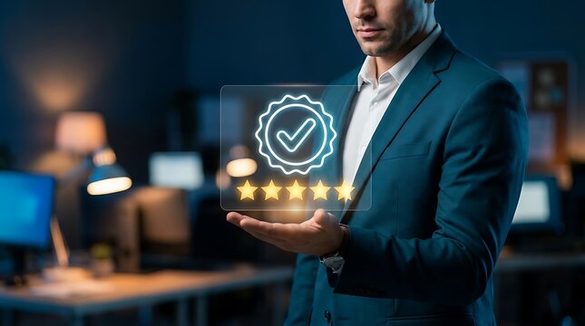 Businessman holding a digital hologram of a quality assurance seal with five gold stars for customer satisfaction