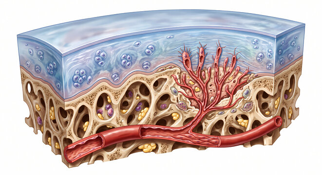 3D cross section diagram of bone tissue showing trabecular cancellous structure, cartilage, and branching blood vessels