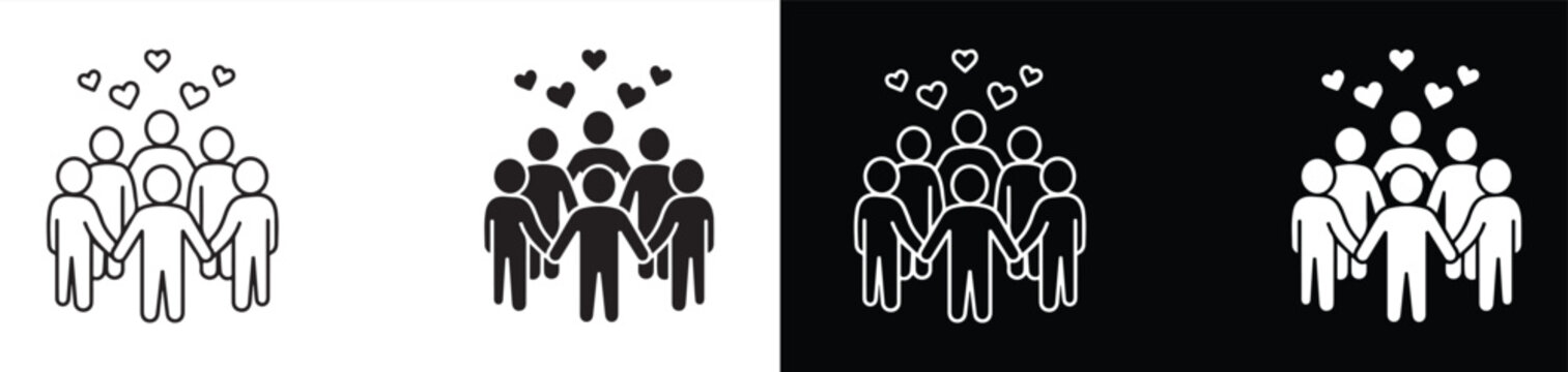 people holding hands with heart icons representing unity and love in different color styles