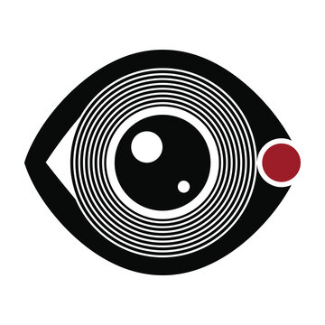 Stylized black and white eye symbol with red dot detail on white background