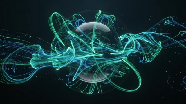 Abstract glowing energy waves swirling around a transparent sphere on a dark background futuristic motion graphics