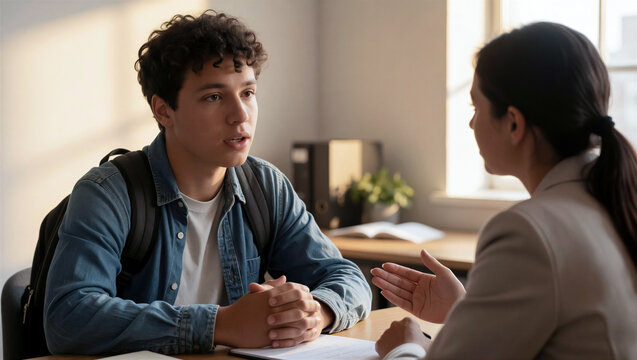 A young college student speaks with a female academic advisor at a desk. A professional school counselor offers career guidance and support