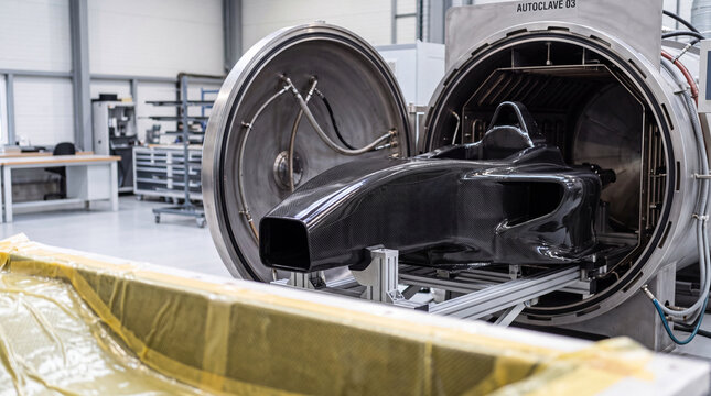 Carbon fiber race car monocoque curing in autoclave at industrial composite manufacturing facility