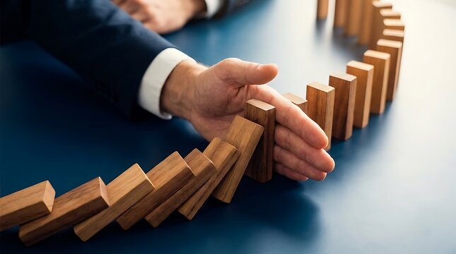 Business person hand stopping the domino effect of wooden blocks to prevent a chain reaction of failure