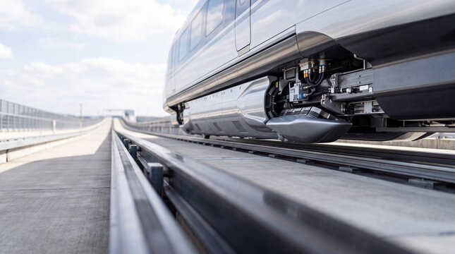 High-speed maglev train close-up on elevated track conveying futuristic rail transportation technology and urban infrastructure
