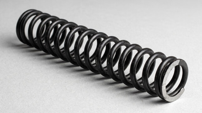 Black metal compression spring coiled tightly on a clean gray surface, ideal for mechanical engineering concepts