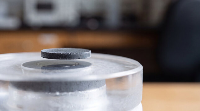 Magnetic levitation demonstration with levitating superconductor disk above transparent cryogenic platform in lab