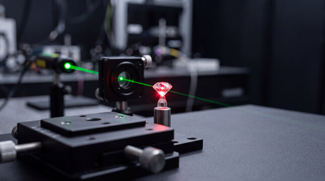 Precision laser testing of a diamond in an optical laboratory research setup for material analysis