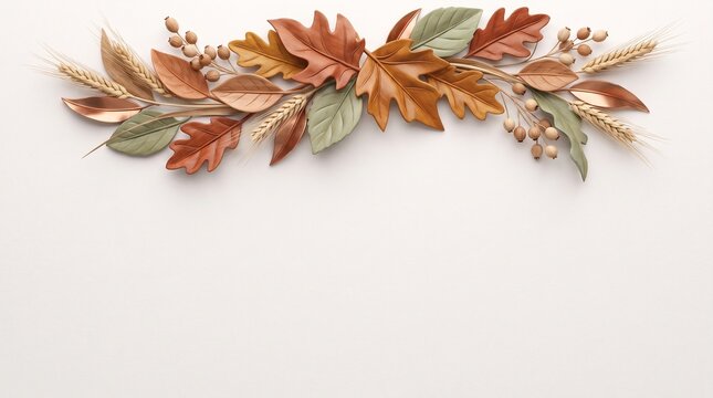 Autumn Leaves and Wheat Border Arrangement on White Background. Rustic Fall Harvest Design Element