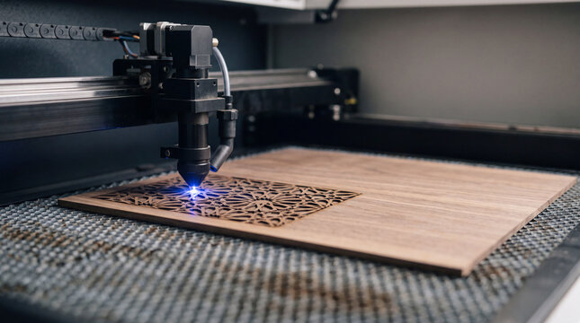 Laser cutting wood panel with cnc machine producing intricate decorative pattern in workshop