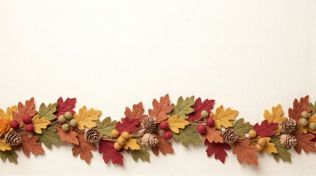 Autumn Leaves Border on Canvas with Pinecones and Berries, a Rustic Fall Decoration
