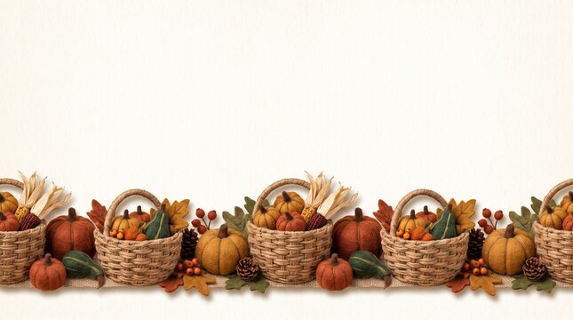 Baskets with Pumpkins, Gourds, and Autumn Leaves Border Design