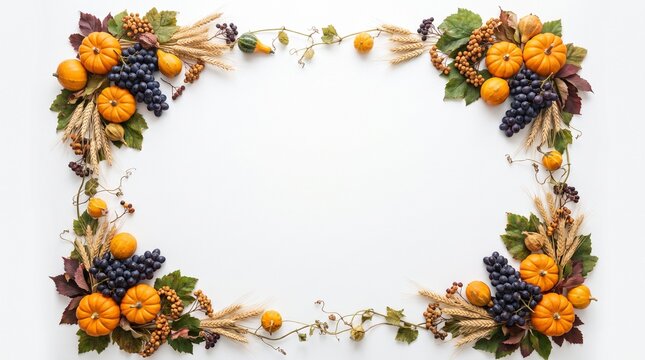 Cornucopia Produce Border Design with Pumpkins, Grapes, and Wheat Stalks Arranged Decoratively