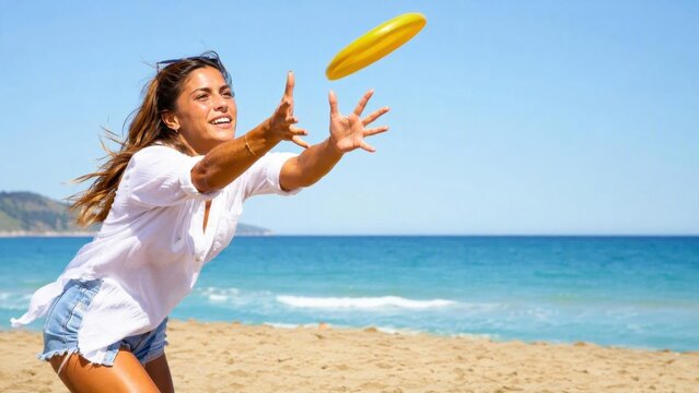 On a beautiful sunny day, a woman enjoys playing frisbee on the beach, with gentle waves crashing in the background, creating a lively atmosphere