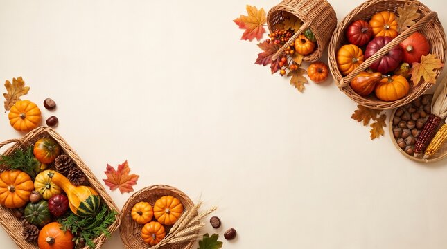 Harvest Baskets Filled with Pumpkins, Gourds, Leaves, and Berries, Creating a Festive Autumn Border