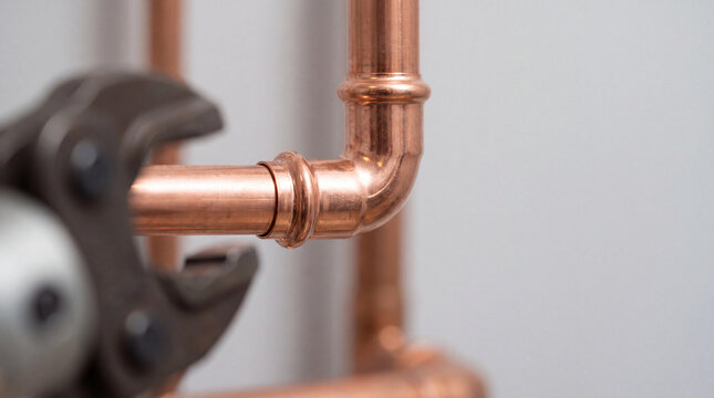 Close-up copper pipe plumbing repair with elbow joint and tool for professional installation
