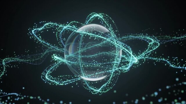 Abstract glowing particles swirling around transparent sphere digital data flow futuristic technology science concept