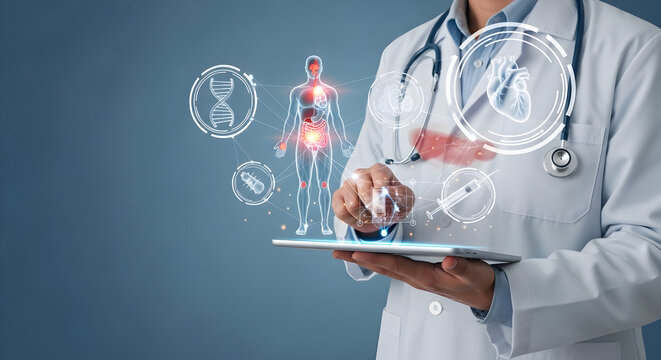 Doctor utilizing advanced digital tablet interface for comprehensive medical health monitoring and futuristic human anatomy diagnostics analysis