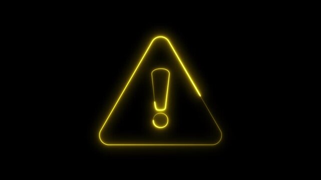 Neon yellow exclamation mark warning sign glowing animation on black background, caution alert