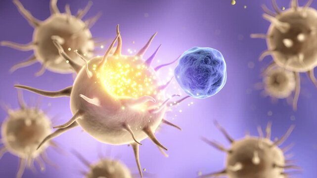 Microscopic view of Microglia immune defense, attacking and destroying virus particles in neural tissue.