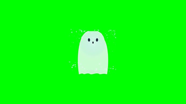 Fixed responsive 4K Halloween motion graphics animation featuring a semi-translucent ghost materializing from glowing energy particles from bottom to top, complete with face reveal, subtle floating sw