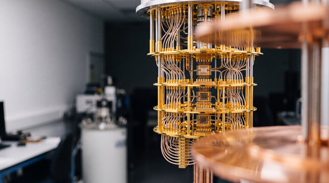 Golden quantum processor suspended inside dilution refrigerator in advanced quantum computing lab