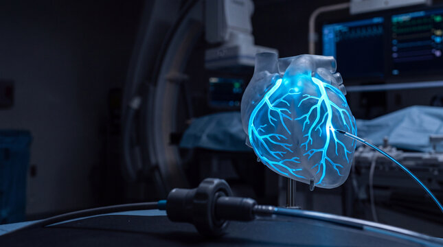 Glowing heart model with catheter in cardiac angiography lab for interventional cardiology training and simulation