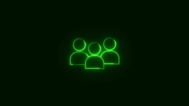 Neon green user group icon glowing on dark background digital social network animation representing connectivity community teamwork and people profile interaction loop motion.