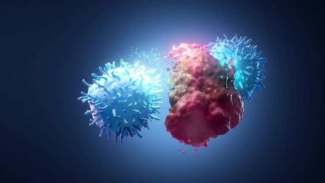 CAR-T cell therapy showing T-cells attacking cancer cells.