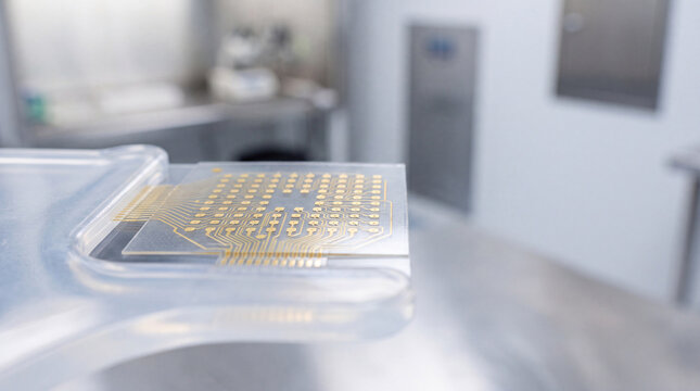 Flexible electronic circuit sensor on transparent substrate in cleanroom laboratory environment for medical diagnostics