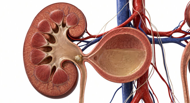 Anatomical cross section 3D model of human kidney showing urolithiasis stone obstructing the ureter entrance