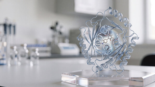 3D protein enzyme structure with drug ligand in modern laboratory research and molecular drug design illustration