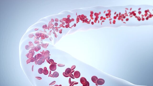 Blood vessel with flowing Red blood cells, 3D animation.