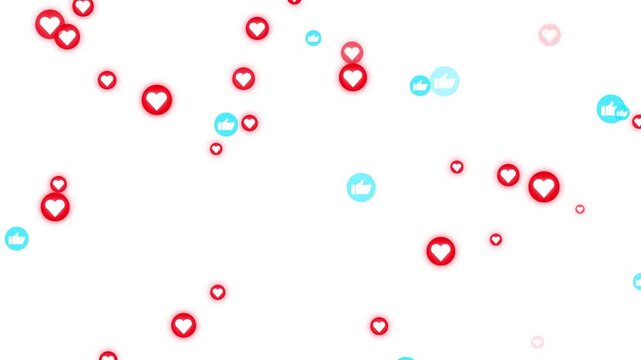 Floating social media reactions hearts and thumbs up icons animation video background stream loop dynamic pattern for digital engagement marketing communication visual concept.