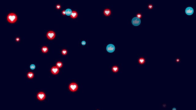 Dynamic social media icons like heart and thumbs up floating and sparkling on dark blue background, animated abstract background.