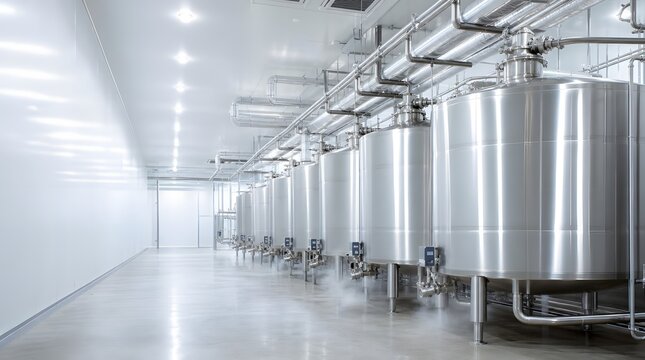 Stainless Steel Milk Storage Tanks in a Clean Refrigerated Dairy Facility