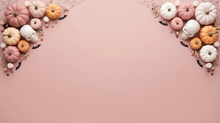 Obraz premium Pink halloween background with pumpkins and skulls