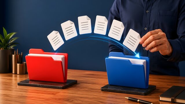 Businessman transferring digital document files between red and blue folders representing data management and electronic storage concept