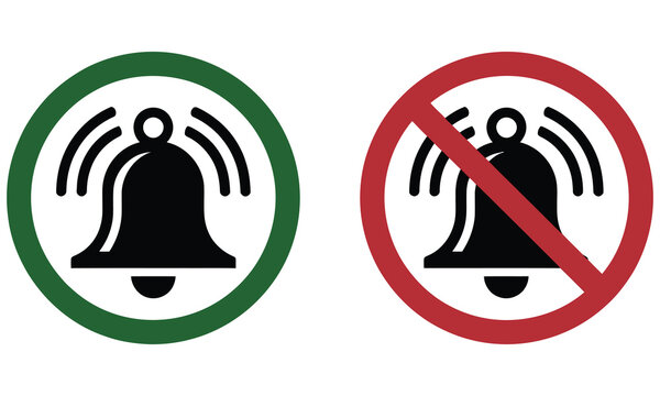Notification Bell Icons with Green Circle and Red Prohibition, alert status symbols for enabled disabled notifications vector, design