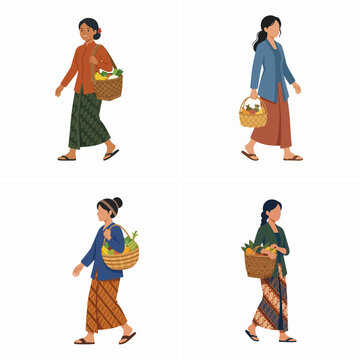 Flat vector illustration set of Southeast Asian women in traditional batik carrying baskets of fresh produce.