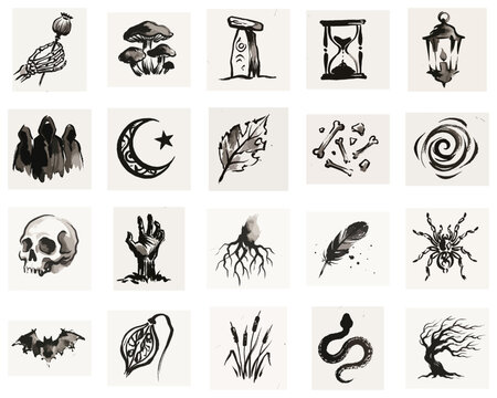 Big gothic Halloween ink illustrations bundle of 20