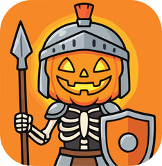 Naklejka premium Spooky Pumpkin Knight Illustration Featuring A Jack-o-Lantern Warrior Character With Spear And Shield For Halloween Theme Design