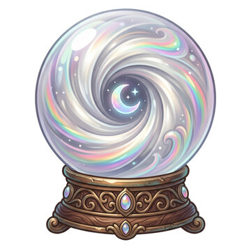 A glowing crystal ball on an ornate wooden stand revealing a swirling rainbow galaxy and crescent moon inside