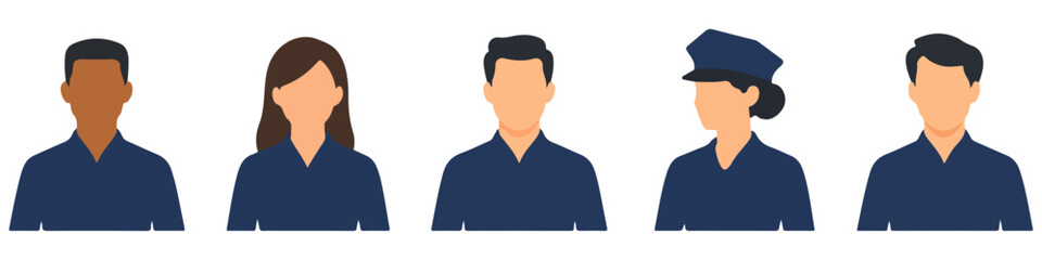 Obraz premium Group of diverse service workers in dark blue shirts vector graphic