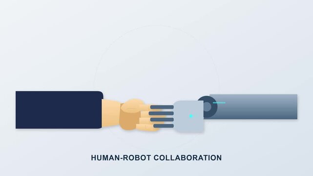 Illustration depicting a handshake between a human hand and a robotic arm, symbolizing human-robot collaboration in industry.