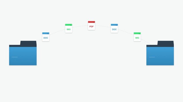 Corporate Blue Folders with Document Icons Moving Along Curved Transfer Path
