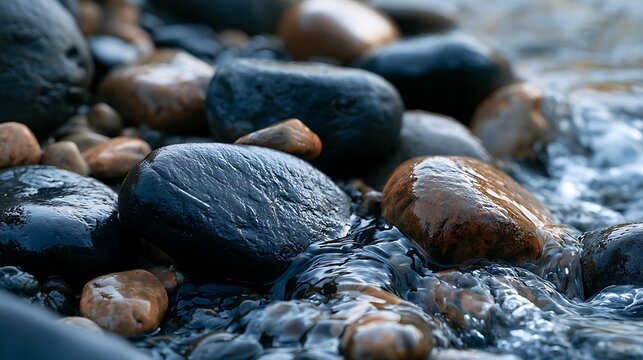 Wet smooth river stones and water flow close up.