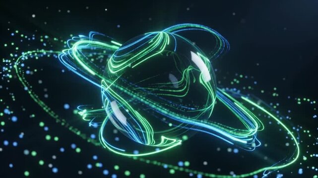 Futuristic glowing sphere with swirling digital data streams abstract technology background science and network concept